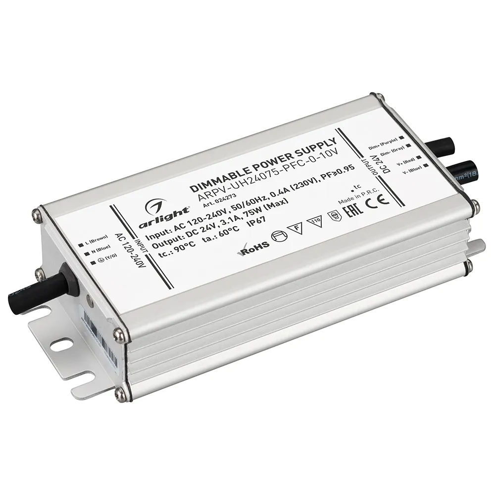 Блок питания ARPV-UH24075-PFC-0-10V (24V, 3.1A, 75W) (Arlight, IP67 Металл, 7 лет) - изображение товара