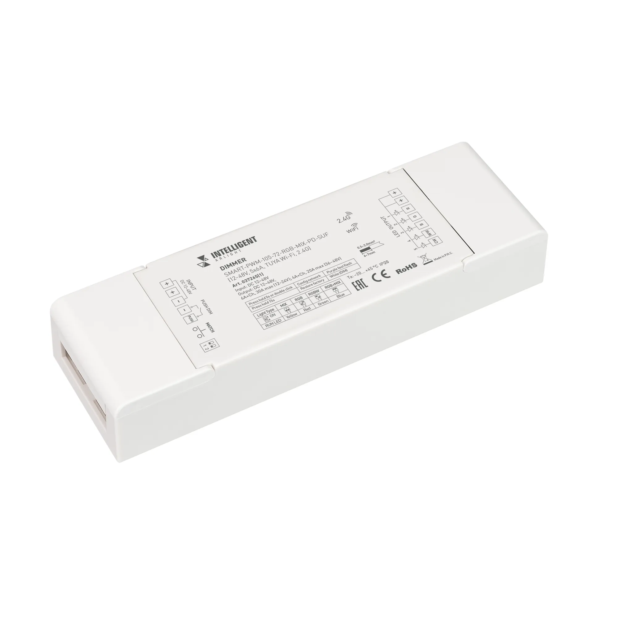 INTELLIGENT ARLIGHT Диммер SMART-PWM-105-72-RGB-MIX-PD-SUF (12-48V, 5x6A, TUYA Wi-Fi, 2.4G) (IARL, IP20 Пластик, 5 лет)