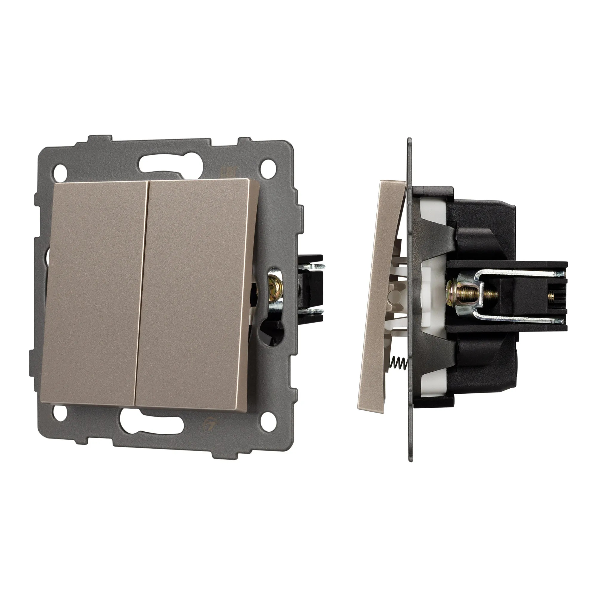 Механизм выключателя двухклавишный самовозвратный SWT-MKR2-PL-GD-V (250V, 10A) (Arlight, -)